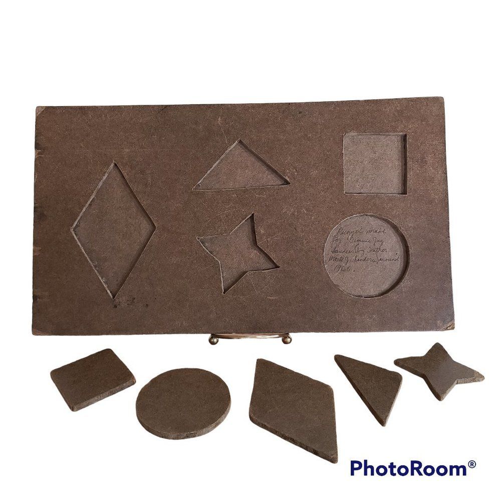 Handcrafted Vintage Primitive Kids Wooden Geometric Shapes Puzzle From 1964